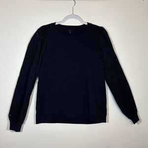 Talbots Navy Blue Knit Top with Lace Sleeves Size Large